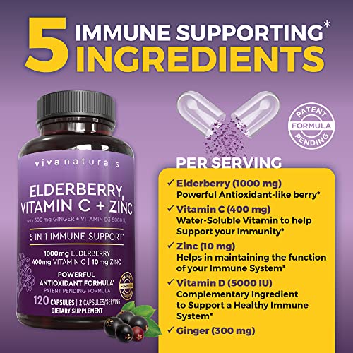 Viva Naturals Sambucus Elderberry with Vitamin C and Zinc for Adults - 5 in 1 Sambucus Viva Naturals