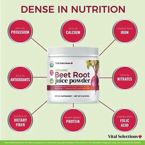 Vital Selections 100% Organic Beet Root Juice Powder, Highest Purity and Potency, USA Grown, Superior Beet Drying Technology, Maximum Nitric Oxide Boost for Cardio Support and Athletic Performance