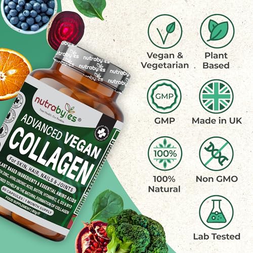 Vegan Collagen Supplement For Skin, Hair, Nails, Joints & Bones with Hyaluronic Acid, Biotin, Lysine, Bamboo Silica, Zinc, Vitamin C, D3, B12, E NUTRABYTES