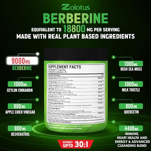 Zolotus 18800mg Berberine Supplement 40 in 1, with Sea Moss, Cinnamon, Milk Thistle Zolotus