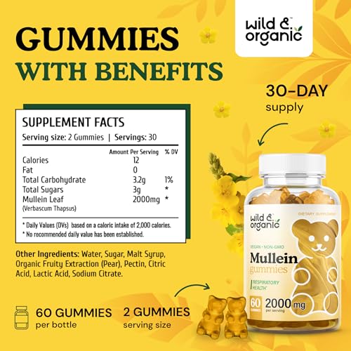 Wild & Organic Mullein Gummies - Daily Dietary Supplement for Respiratory, Digestive Wild & Organic