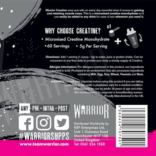 Warrior Creatine Monohydrate Powder – 300g – Micronised for Easy Mixing and Consumpti Warrior