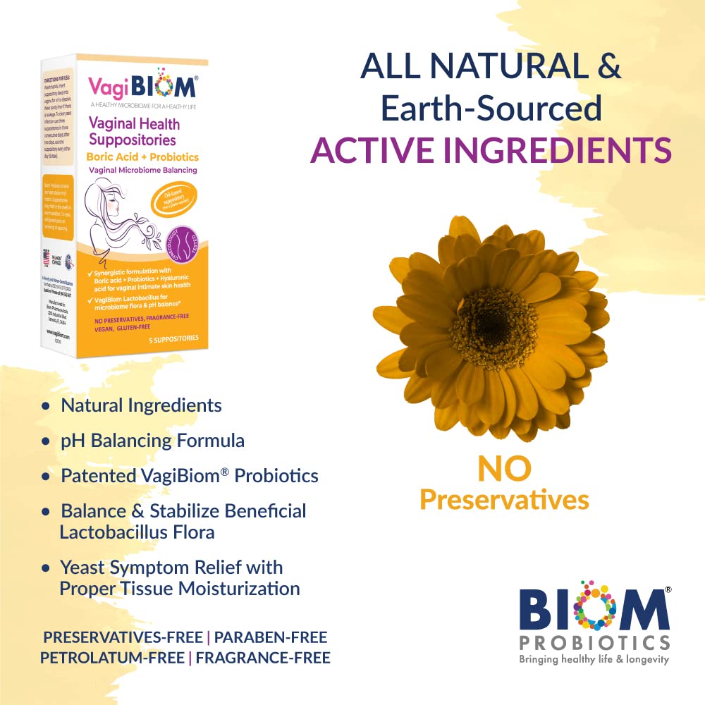 VagiBiom Boric Acid Suppositories with Lactobacillus: Microbiome Flora Balance; Balance and Nourishes VagiBiom