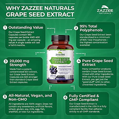 Zazzee High Strength Grape Seed 50:1 Extract, 20,000 mg Strength, 180 Vegan Capsules Zazzee