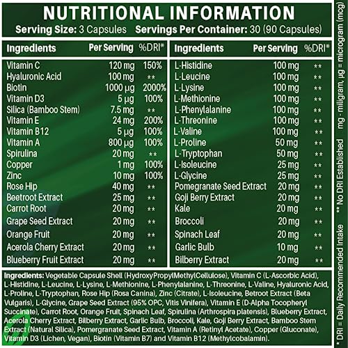 Vegan Collagen Supplement For Skin, Hair, Nails, Joints & Bones with Hyaluronic Acid, Biotin, Lysine, Bamboo Silica, Zinc, Vitamin C, D3, B12, E NUTRABYTES