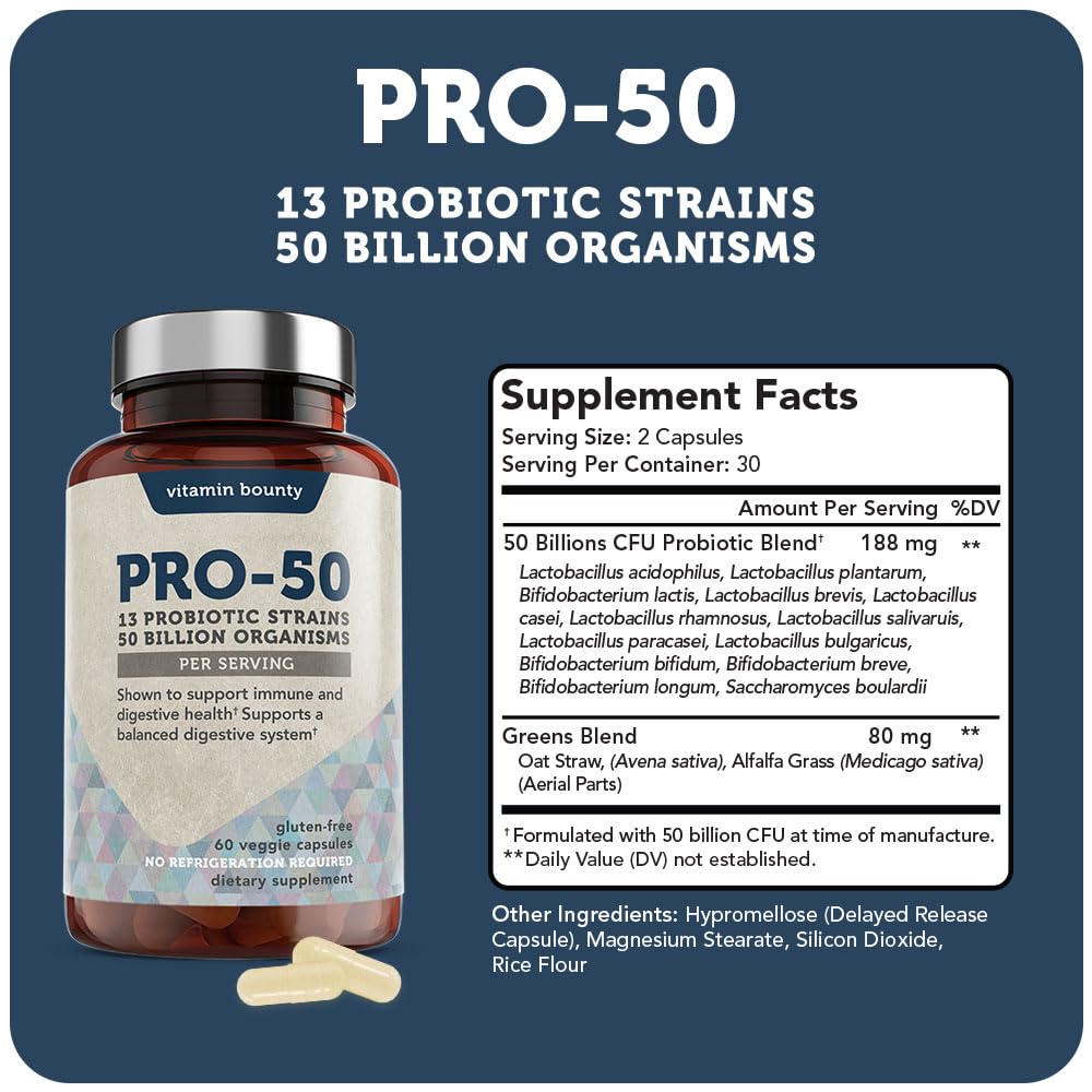 Vitamin Bounty Pro-50 Probiotics - 13 Probiotic Strains, Gut Health, Digestive Health Vitamin Bounty