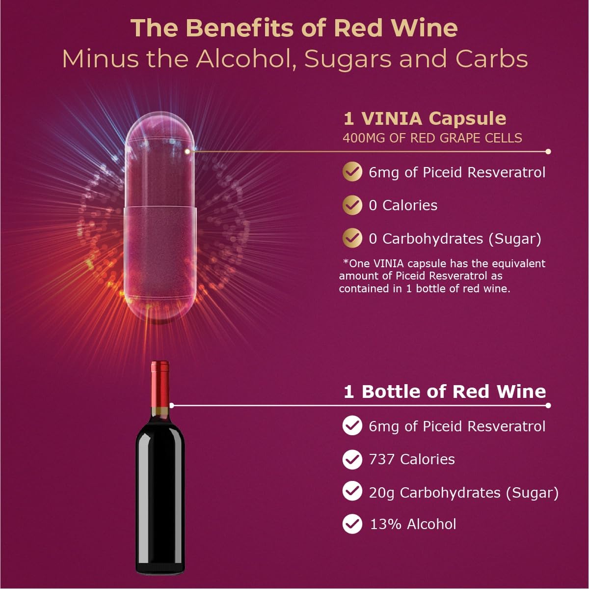 VINIA 12-Hour Sustained Release Piceid Resveratrol Supplement. Nitric Oxide Supplement VINIA