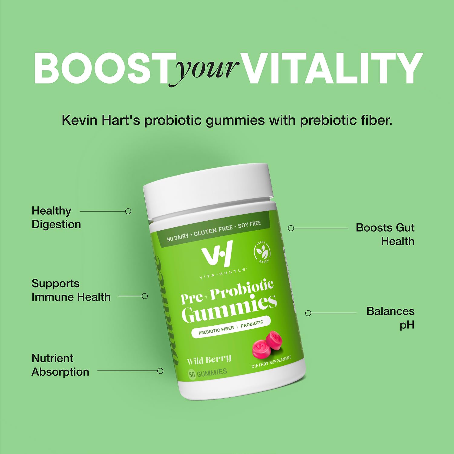 VitaHustle Probiotic Gummies + Prebiotics by Kevin Hart with Chicory Root Inulin Fiber VitaHustle