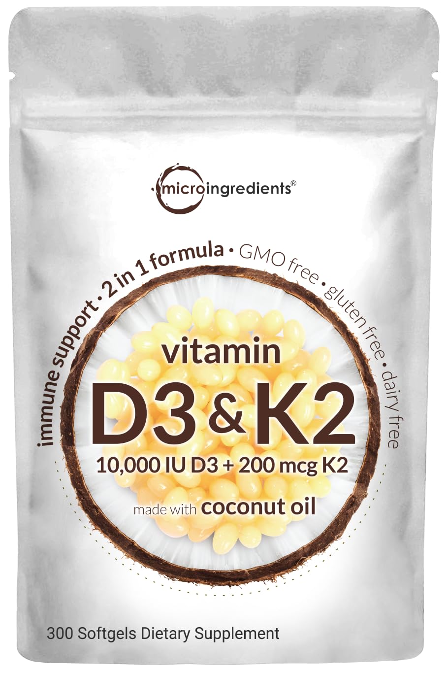 Vitamin D3 10000 iu Plus K2 (MK-7) 200 mcg, 300 Virgin Coconut Oil Softgels