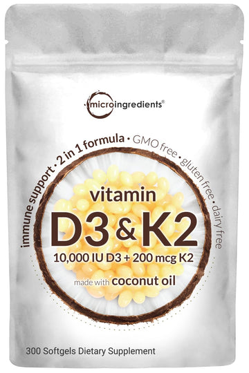 Vitamin D3 10000 iu Plus K2 (MK-7) 200 mcg, 300 Virgin Coconut Oil Softgels