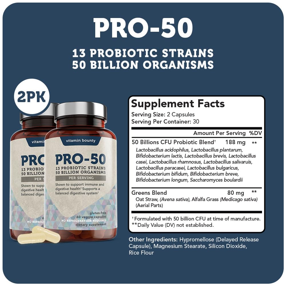 Vitamin Bounty Pro-50 Probiotics Supplement- 13 Probiotic Strains, Gut Health Vitamin Bounty