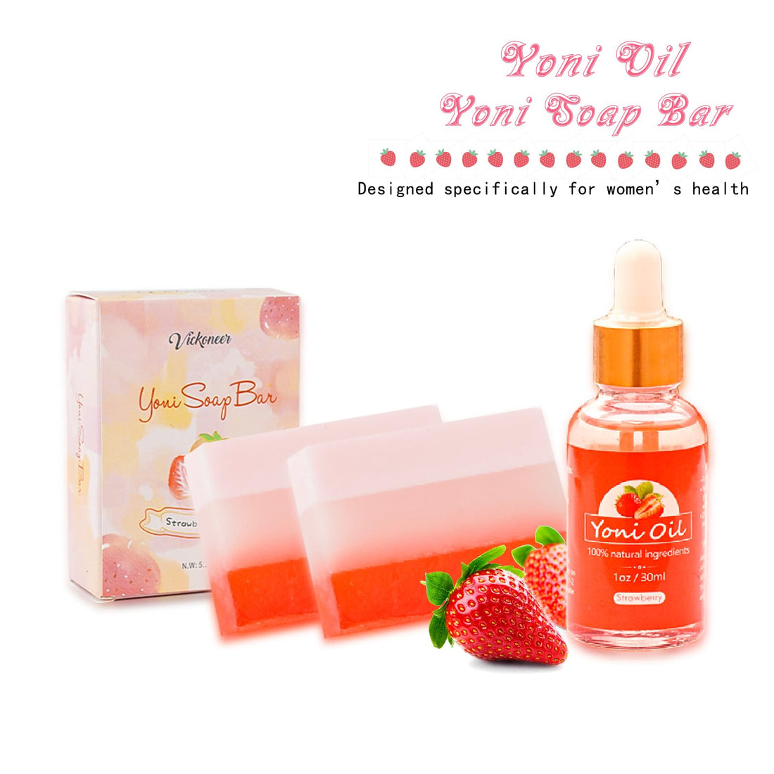 2Pcs Strawberry Yoni Bars and Yoni Oil Set for Feminine Wash, Yoni Wash for Cleanse Vaginal Balance PH