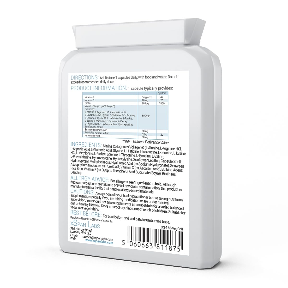 Vegan Collagen & Hyaluronic Acid Complex - 60 Capsules - Effective Skin, Hair & Nails Formula Xspan Labs