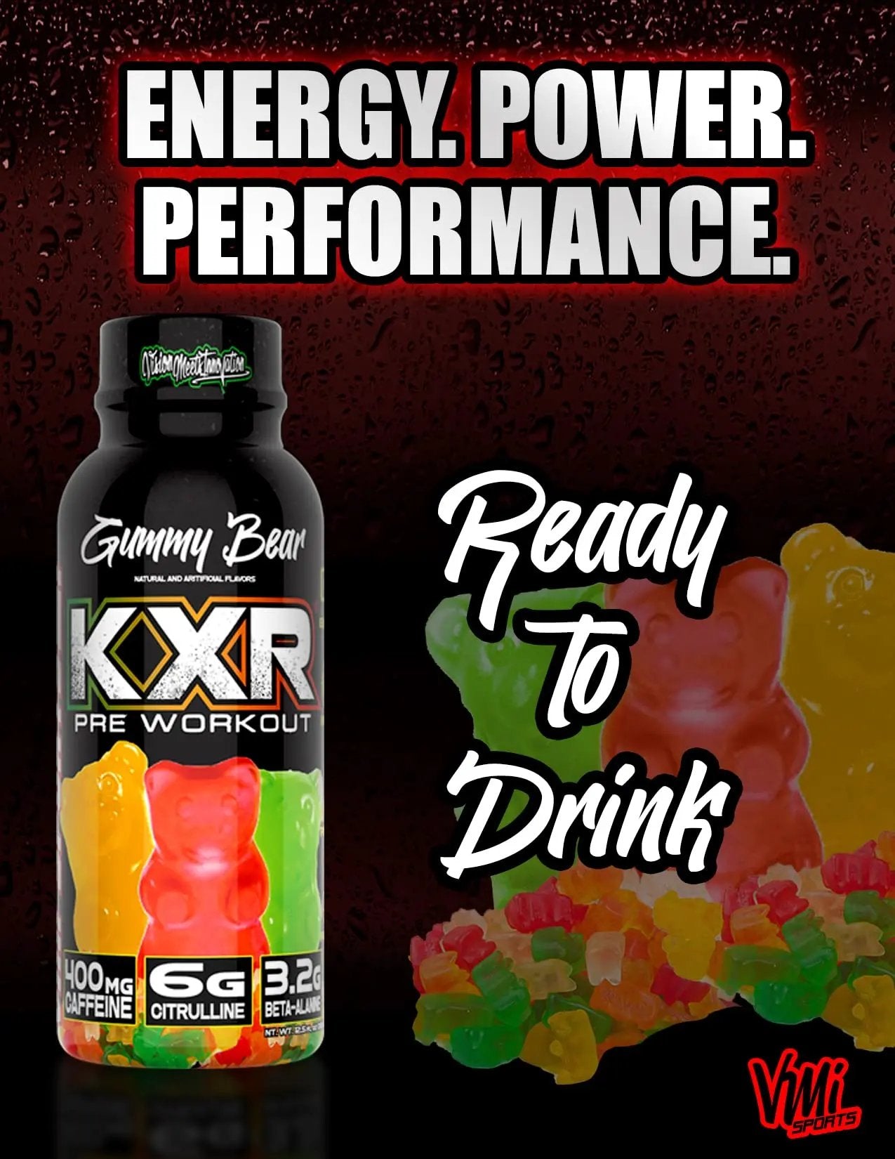 VMI Sports KXR High Stimulant Pre-Workout Energy Ready to Drink 400mg Caffeine, 6g Citrulline, 3.2g Beta-Alanine | Delicious – Convenient – Powerful | 12.5 oz Bottles (Gummy Bear, 12 Bottles)