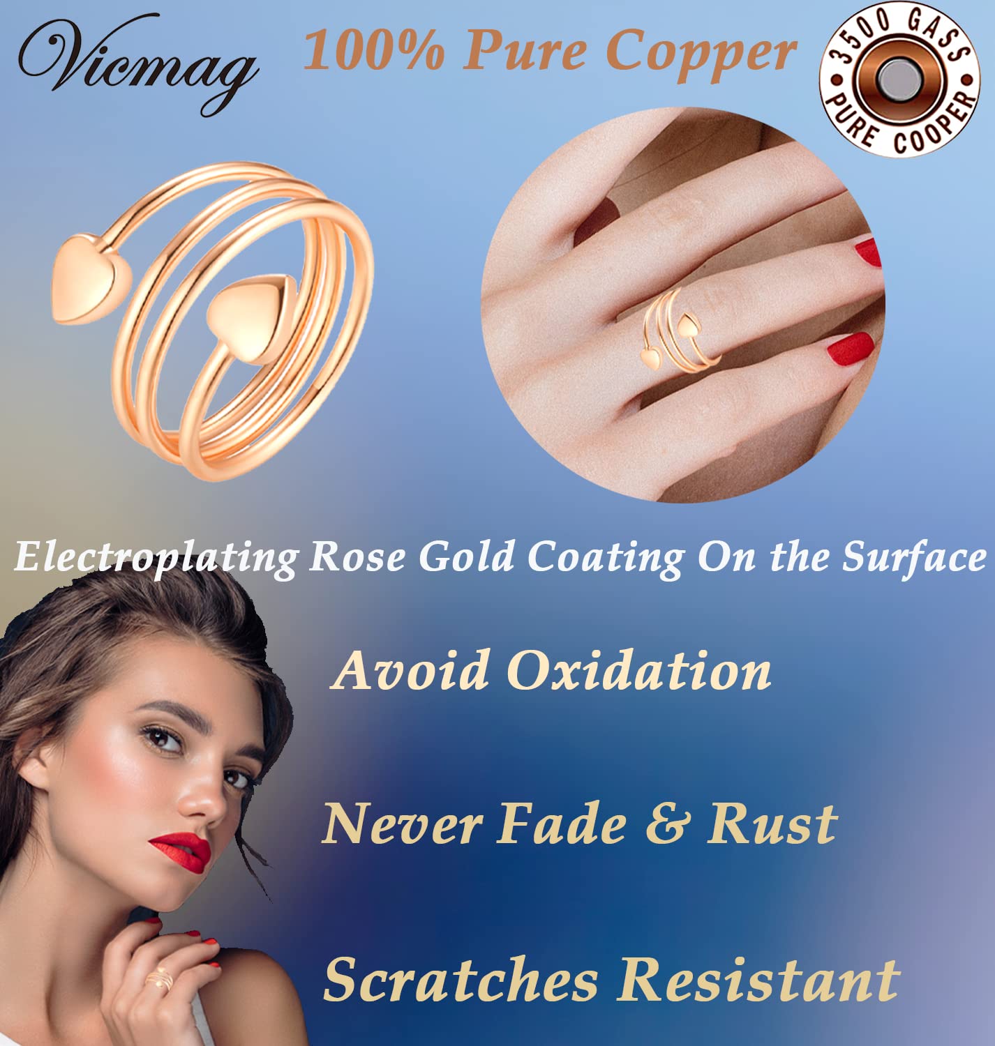 Vicmag Copper Bracelet for Women 99.9% Solid Pure Copper Valentine's Day Gift for Her with Adjustment Tool Vicmag