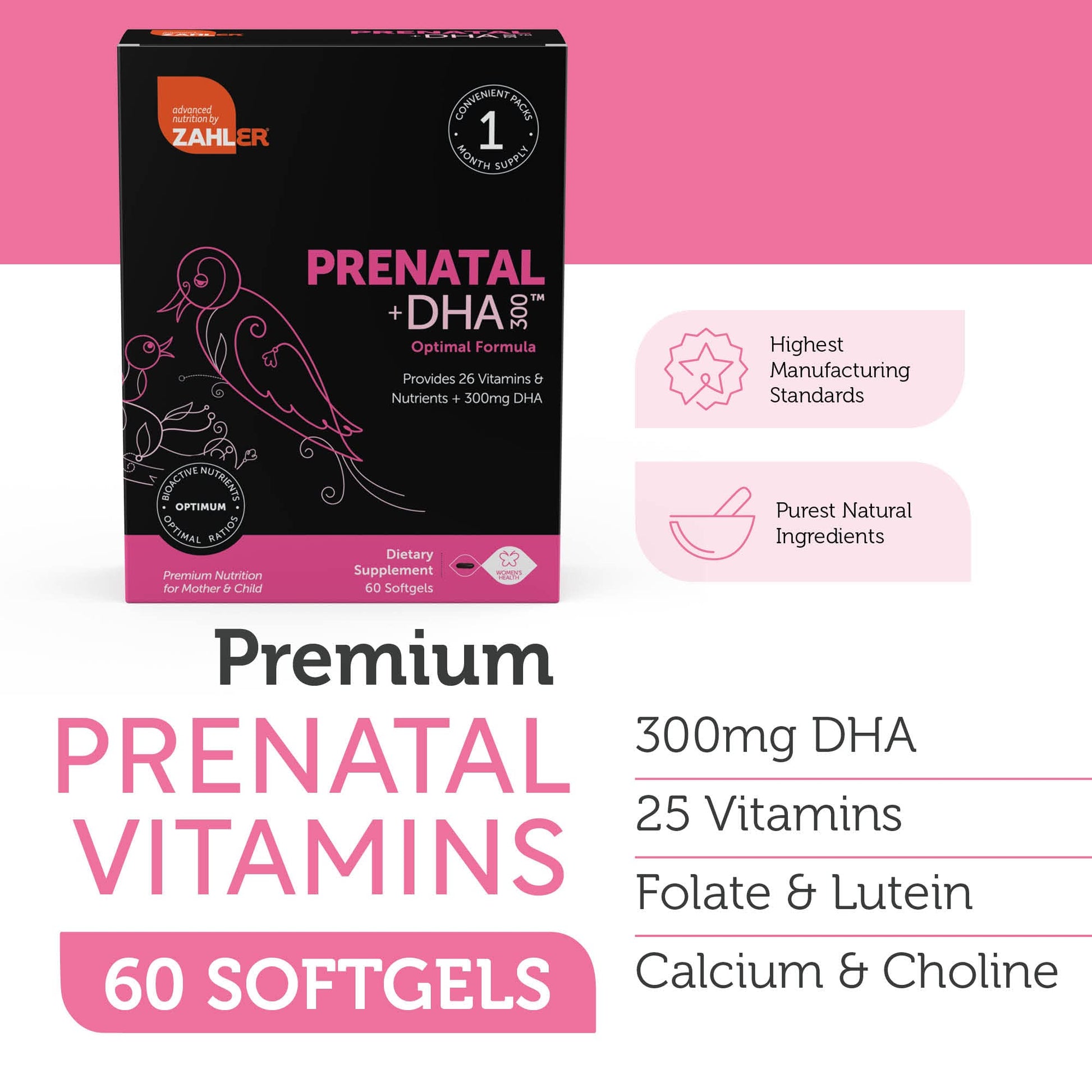 Zahler Prenatal Vitamin with DHA & Folate - DHA Supplements & Prenatal Multivitamin Zahler