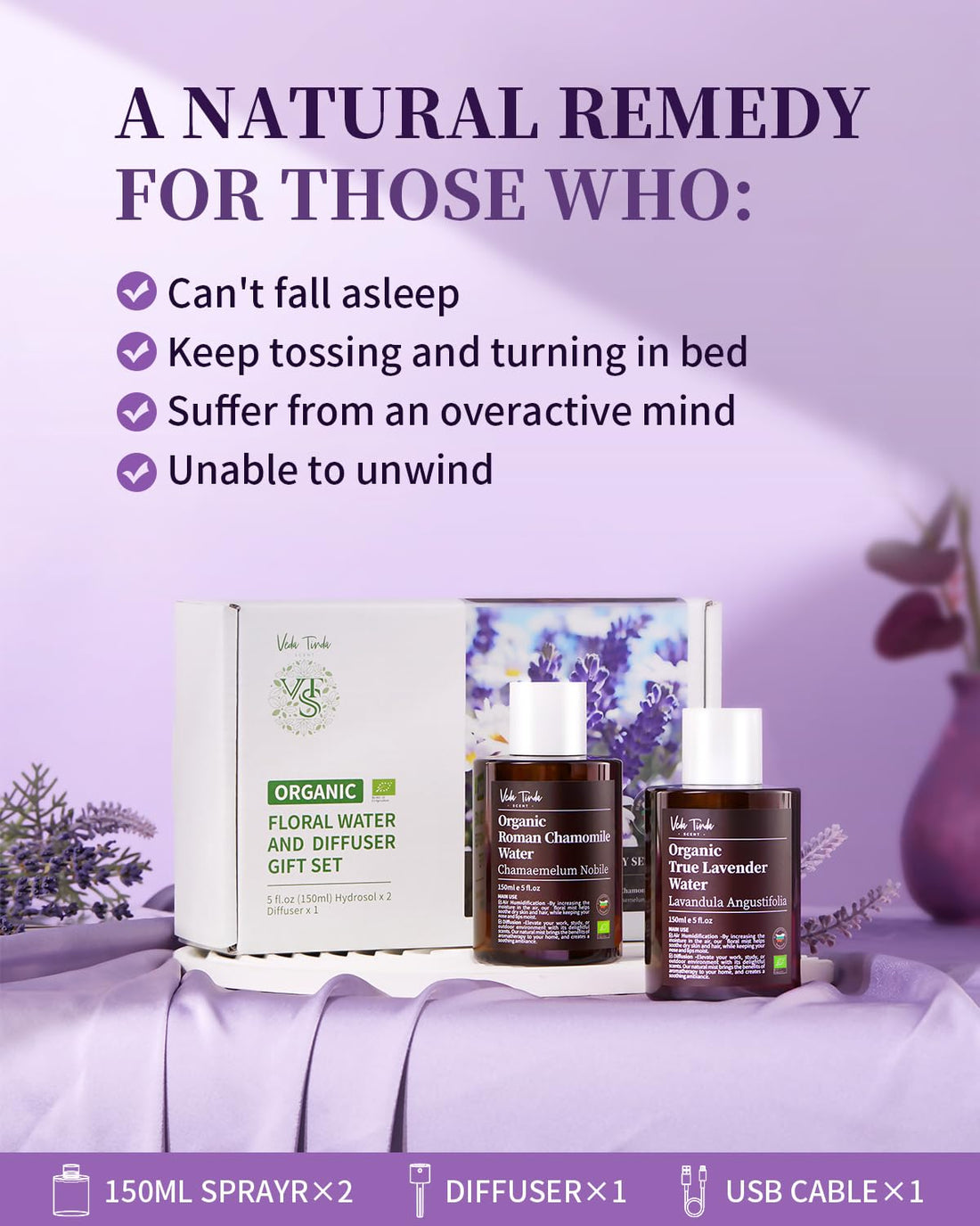 VTS Organic Lavender Water and Roman Chamomile Floral Water with Diffuser, Aromatherapy Air VEDA TINDA SCENT