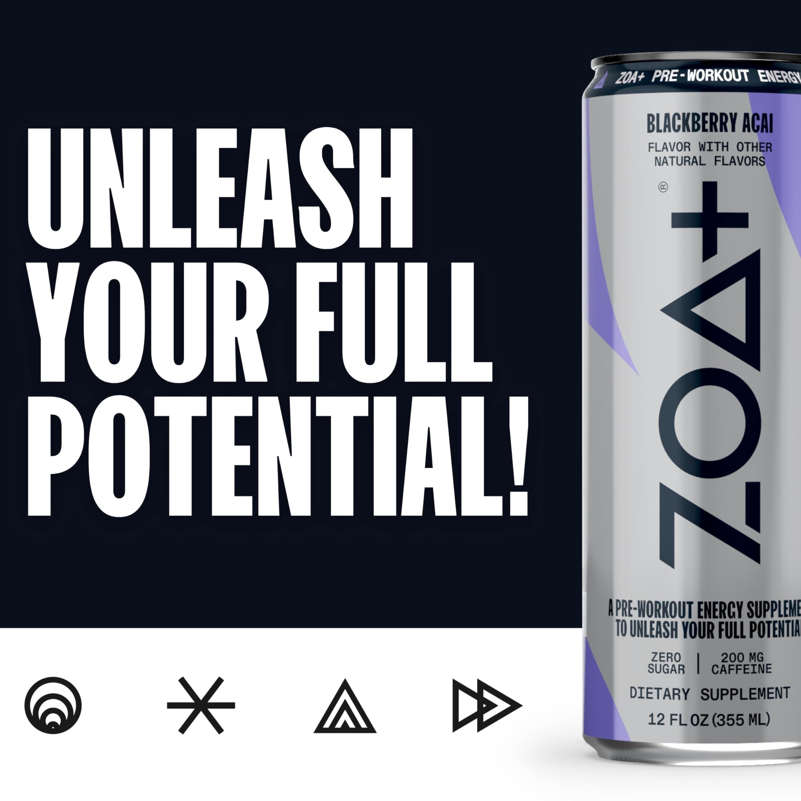ZOA Plus Sugar-Free Pre-Workout Drink, Ready to Drink with Nitric Oxide, Vitamin B, C and D ZOA
