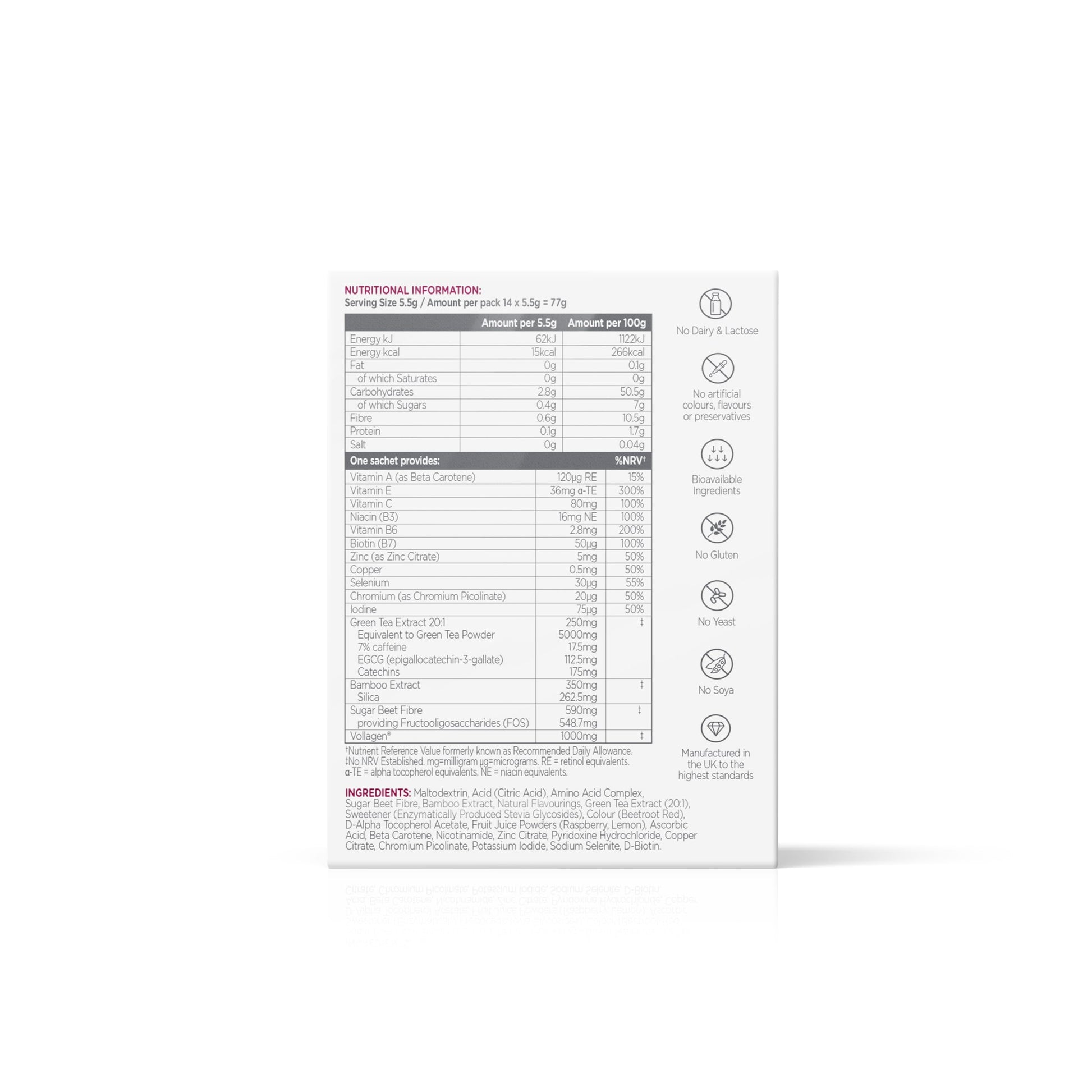 Wassen Beauty and Collagen - Plant-Based Vegan Collagen - 14 Raspberry & Lemon Flavoured Sachets Wassen