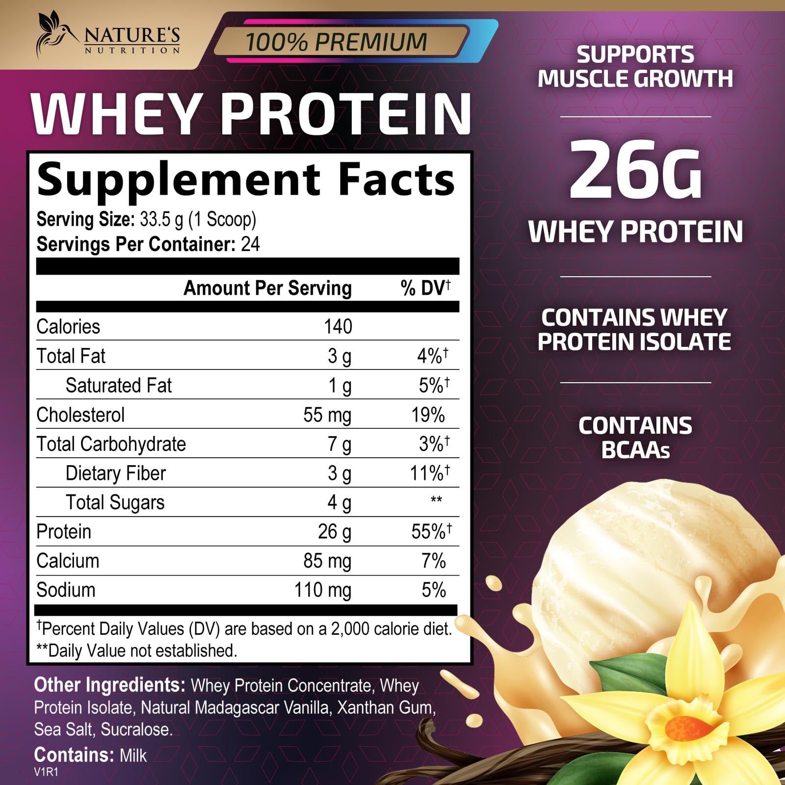 Whey Protein Powder 26g - Vanilla Ice Cream Whey Isolate Protein for Muscle Growth Nature's Nutrition