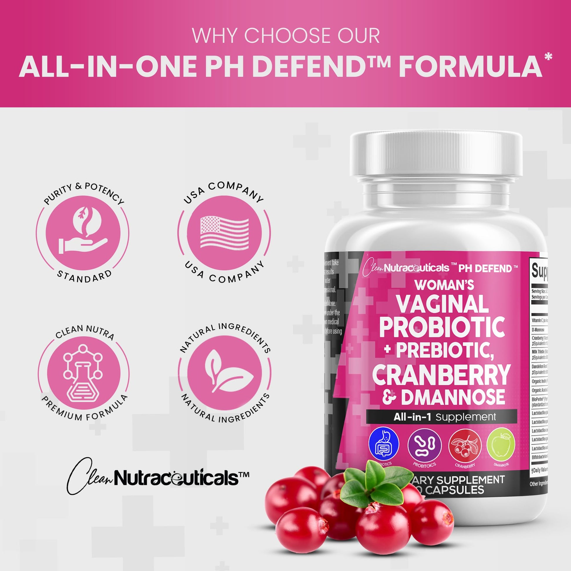 Vaginal Probiotics For Women + Prebiotics 20 Billion Cranberry Pills 30,000mg w/ D-Manno Clean Nutraceuticals