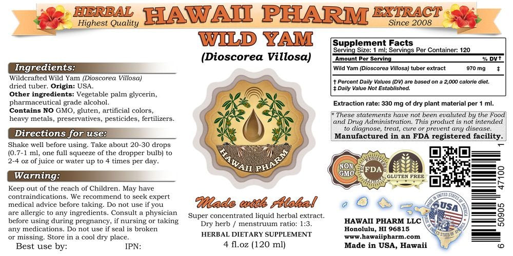 Wild Yam Liquid Extract, Wild Yam (Dioscorea Villosa) Tincture 4x4 oz HawaiiPharm