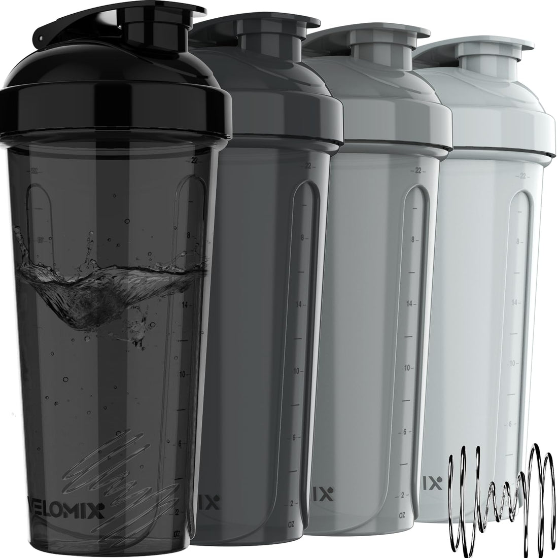 VELOMIX -4 PACK- Protein Shaker Bottles for Protein Mixes, 28 OZ Shaker Cups for Protein Shakes