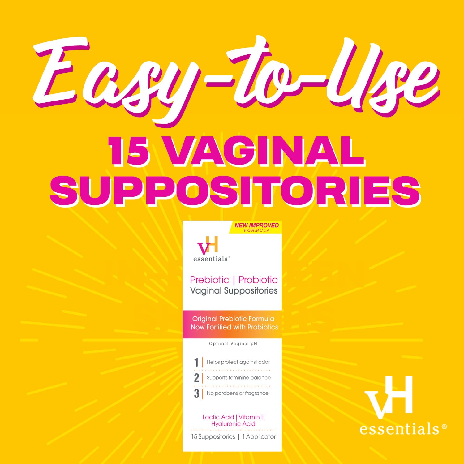 vH essentials Prebiotic PH Balanced Vaginal SuppositoriesBox, Original Version, 15 Count vH essentials