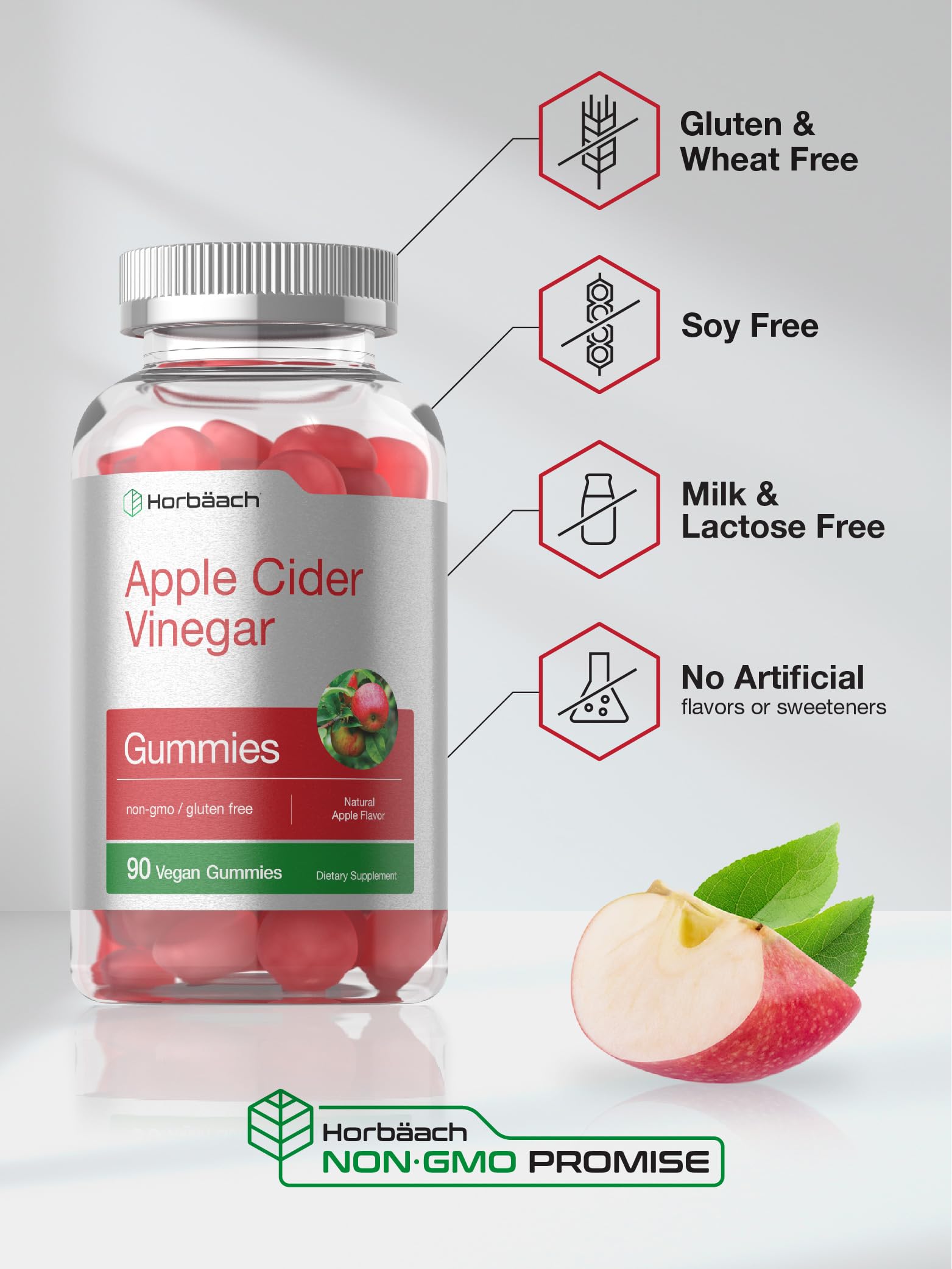 Vegan Apple Cider Vinegar Gummies | 90 Count | ACV Supplement | Natural Apple Flavor Horbäach