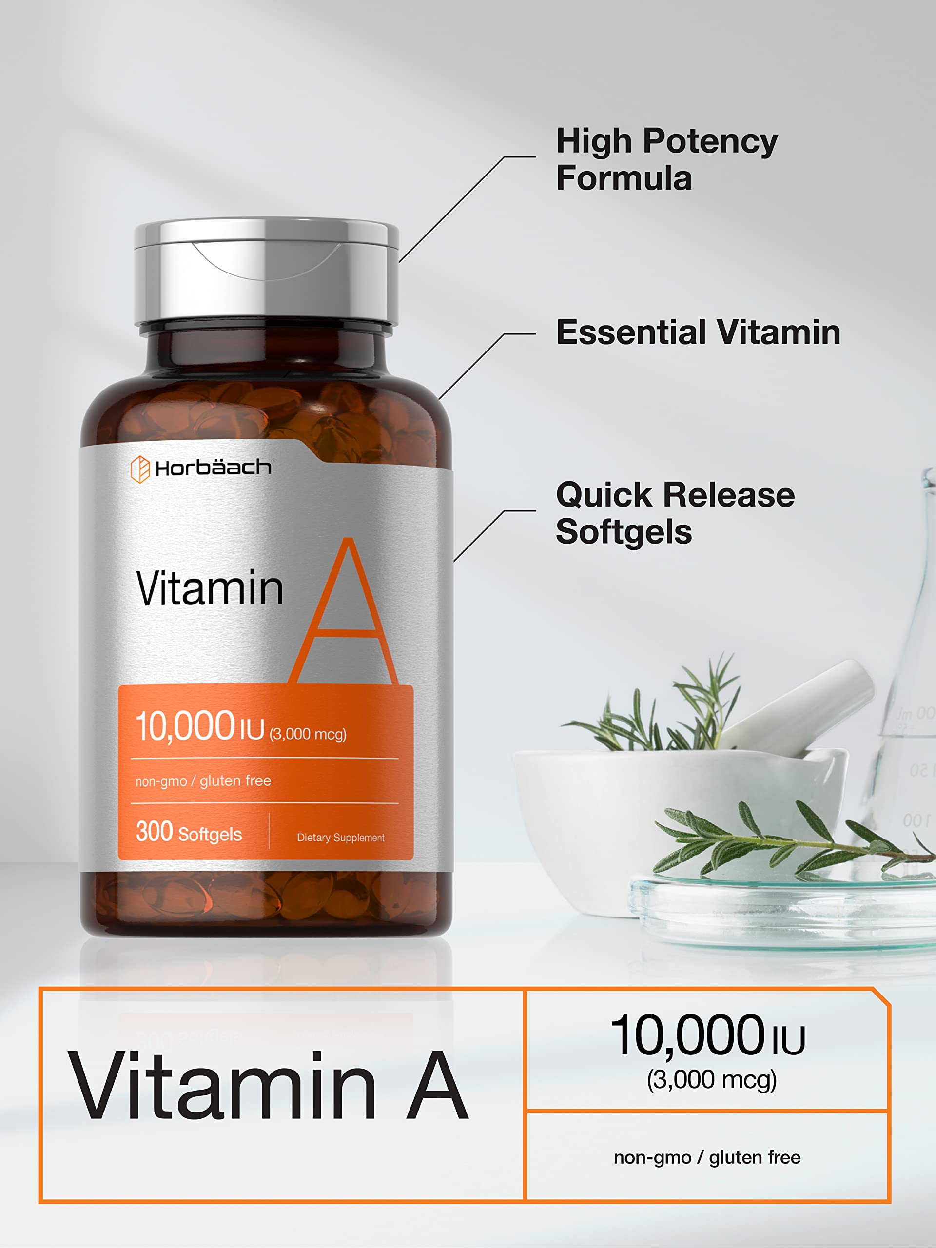 Vitamin A 10000 IU Softgels | 300 Count | Non-GMO, Gluten Free Supplement | by Horbaach Horbäach