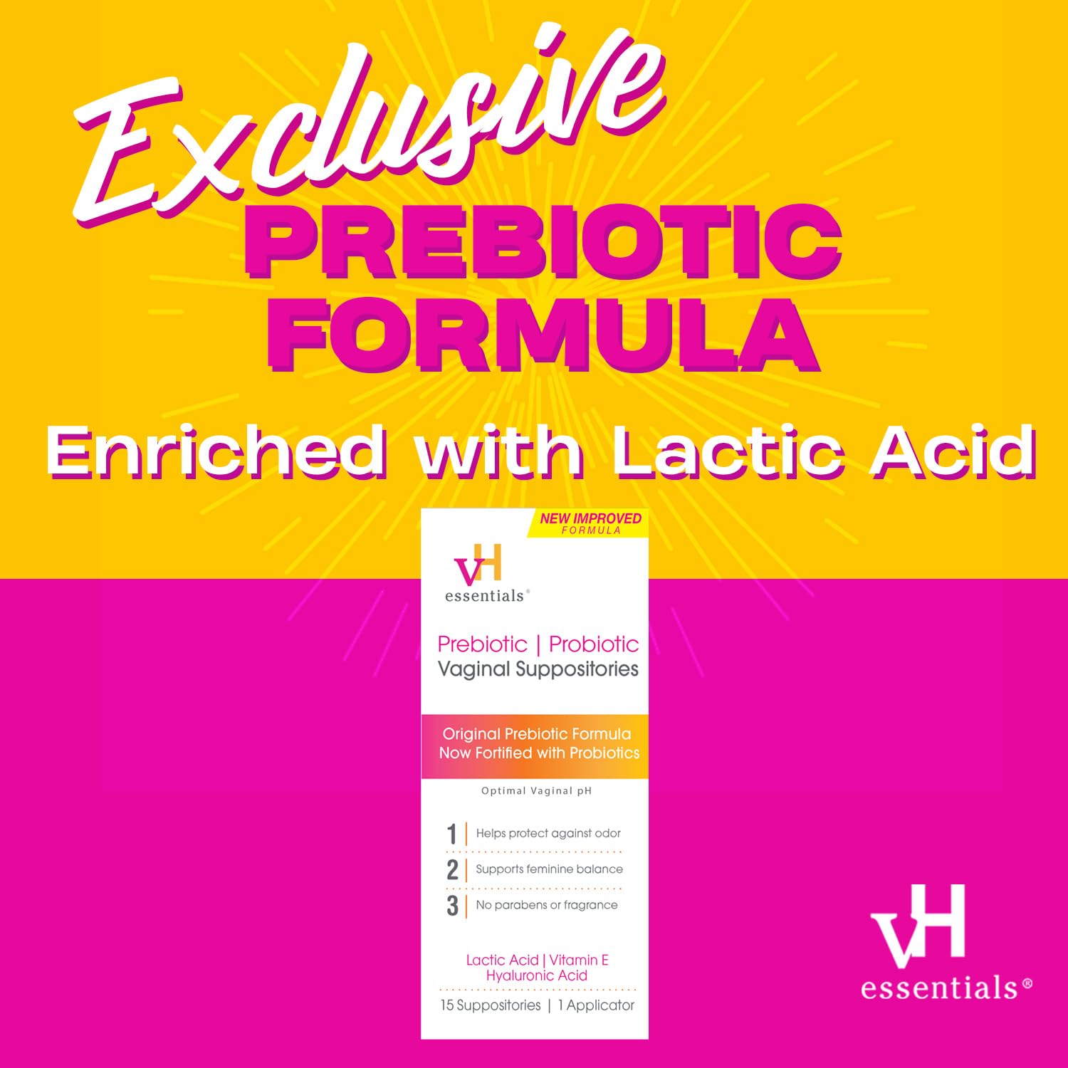 vH essentials Prebiotic PH Balanced Vaginal SuppositoriesBox, Original Version, 15 Count vH essentials
