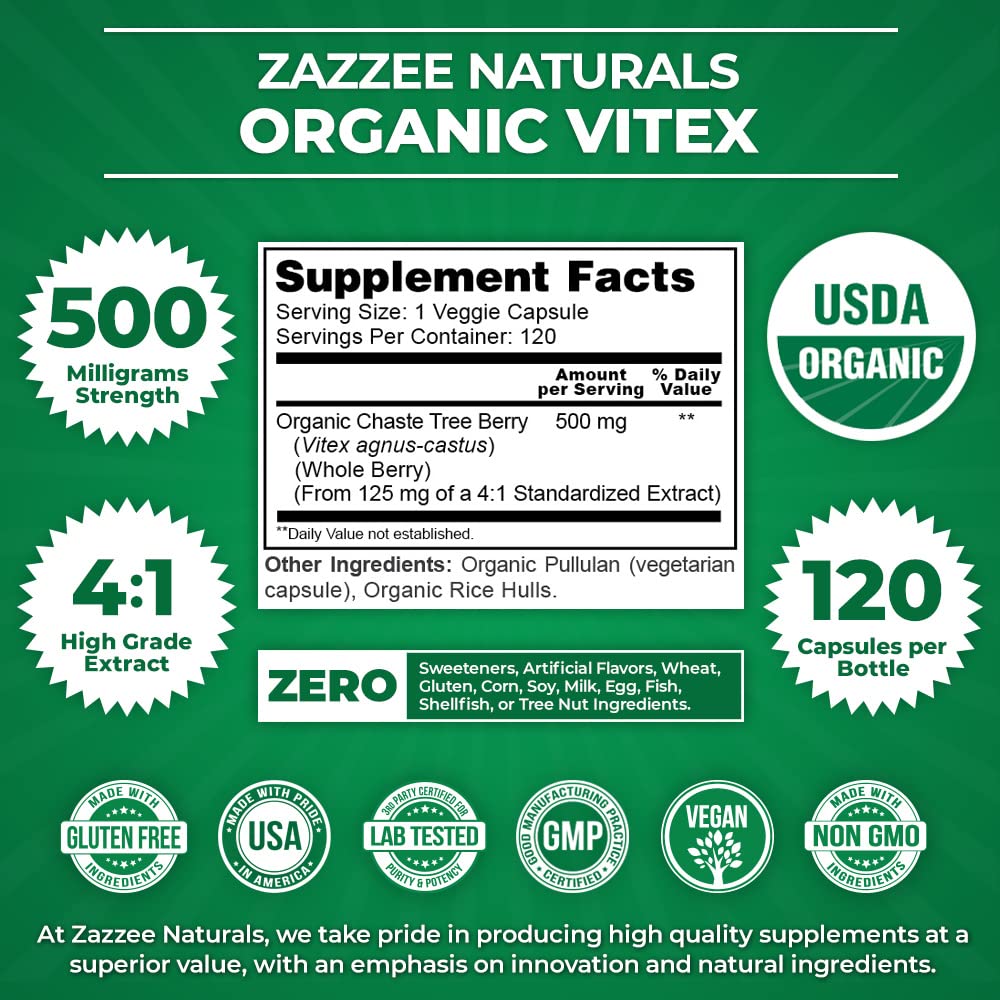 Zazzee USDA Organic Vitex, 500 mg Strength, 120 Vegan Capsules, 4 Month Supply Zazzee