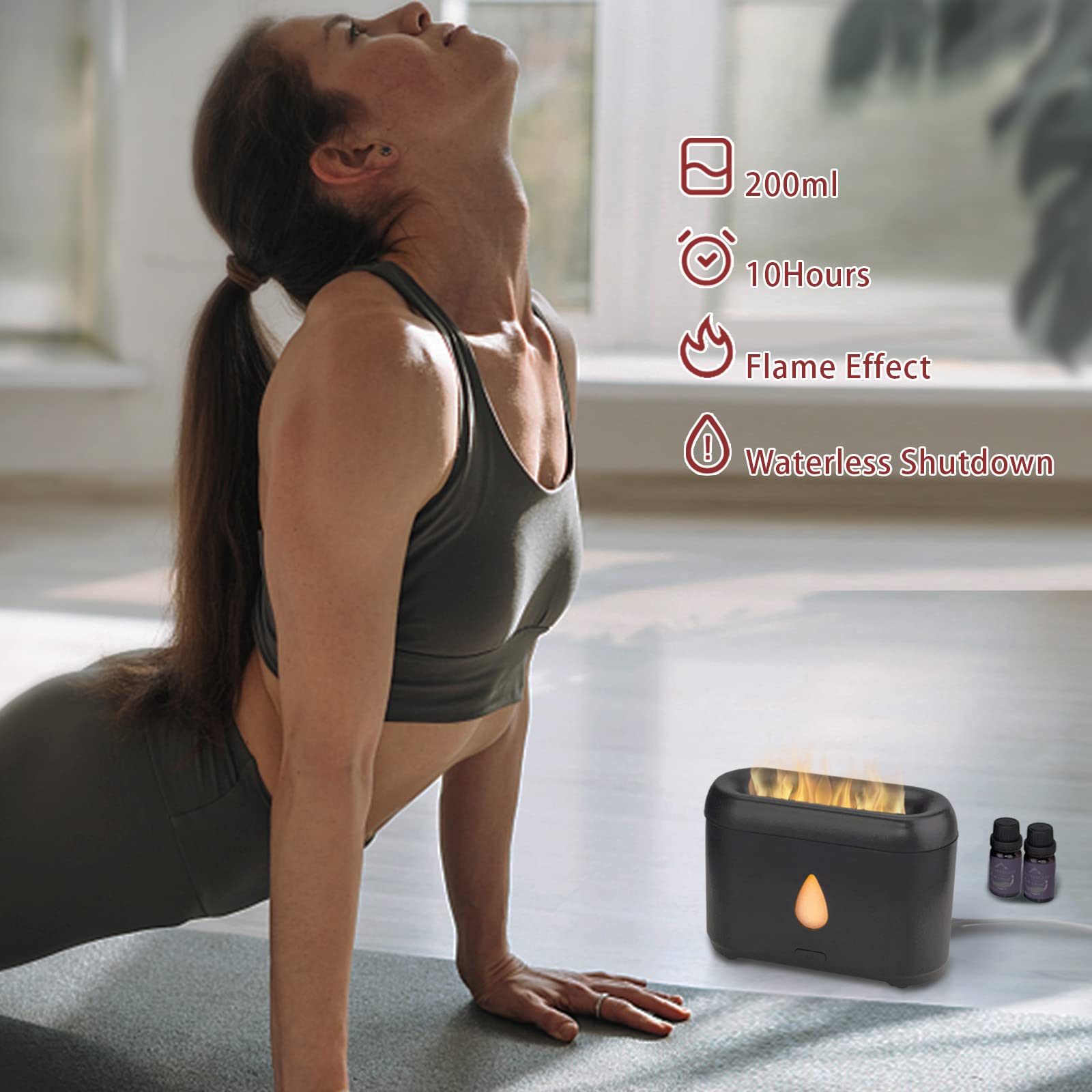 200ml Small Ultrasonic Aroma Diffusers with Flame Light (Black) Phimuezl