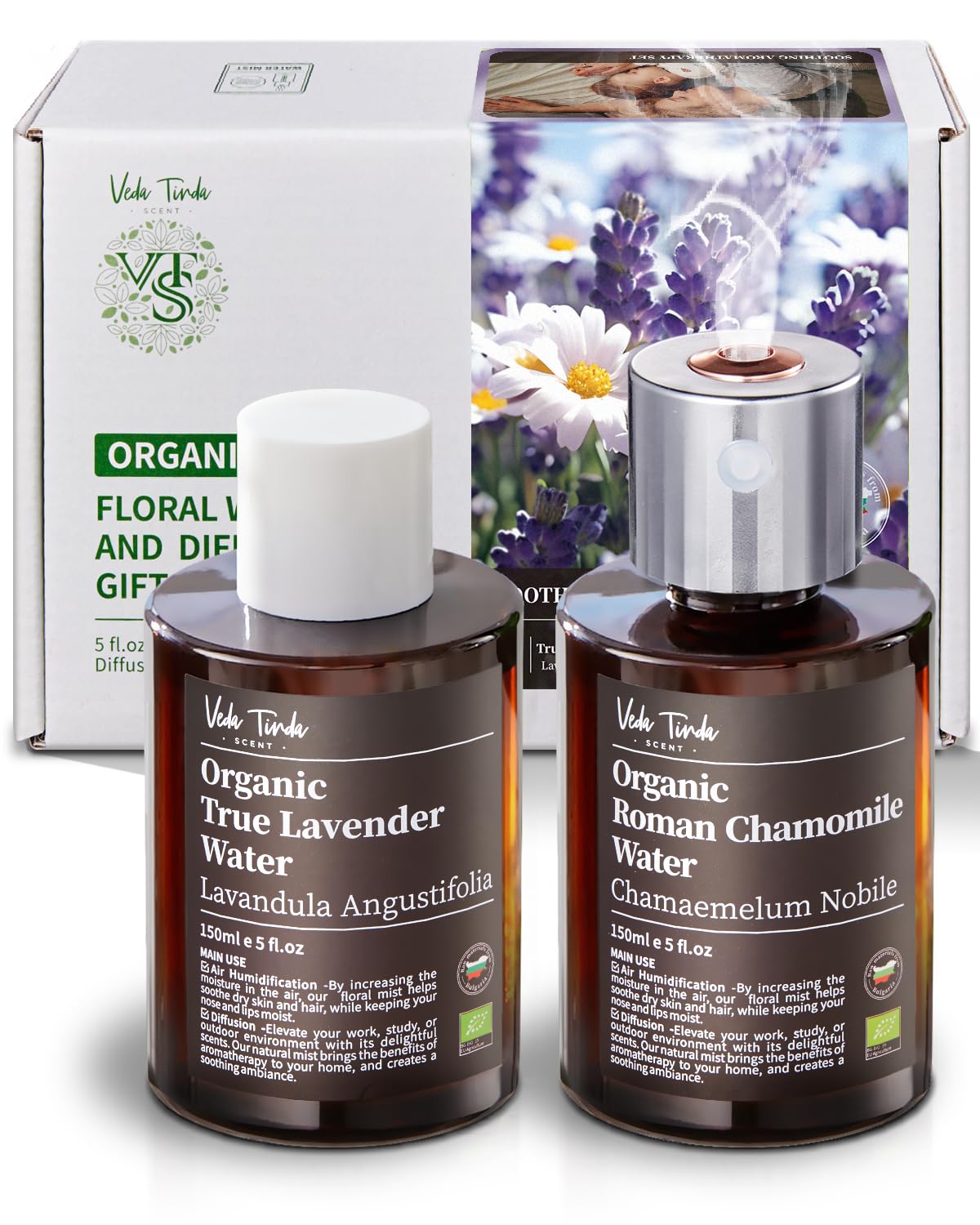 VTS Organic Lavender Water and Roman Chamomile Floral Water with Diffuser, Aromatherapy Air VEDA TINDA SCENT