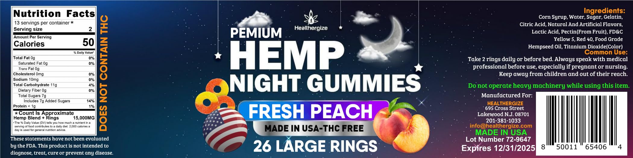 Healthergize Hemp Gummies Night-Time, High Potency Nap Gummies, Peace and Relaxation