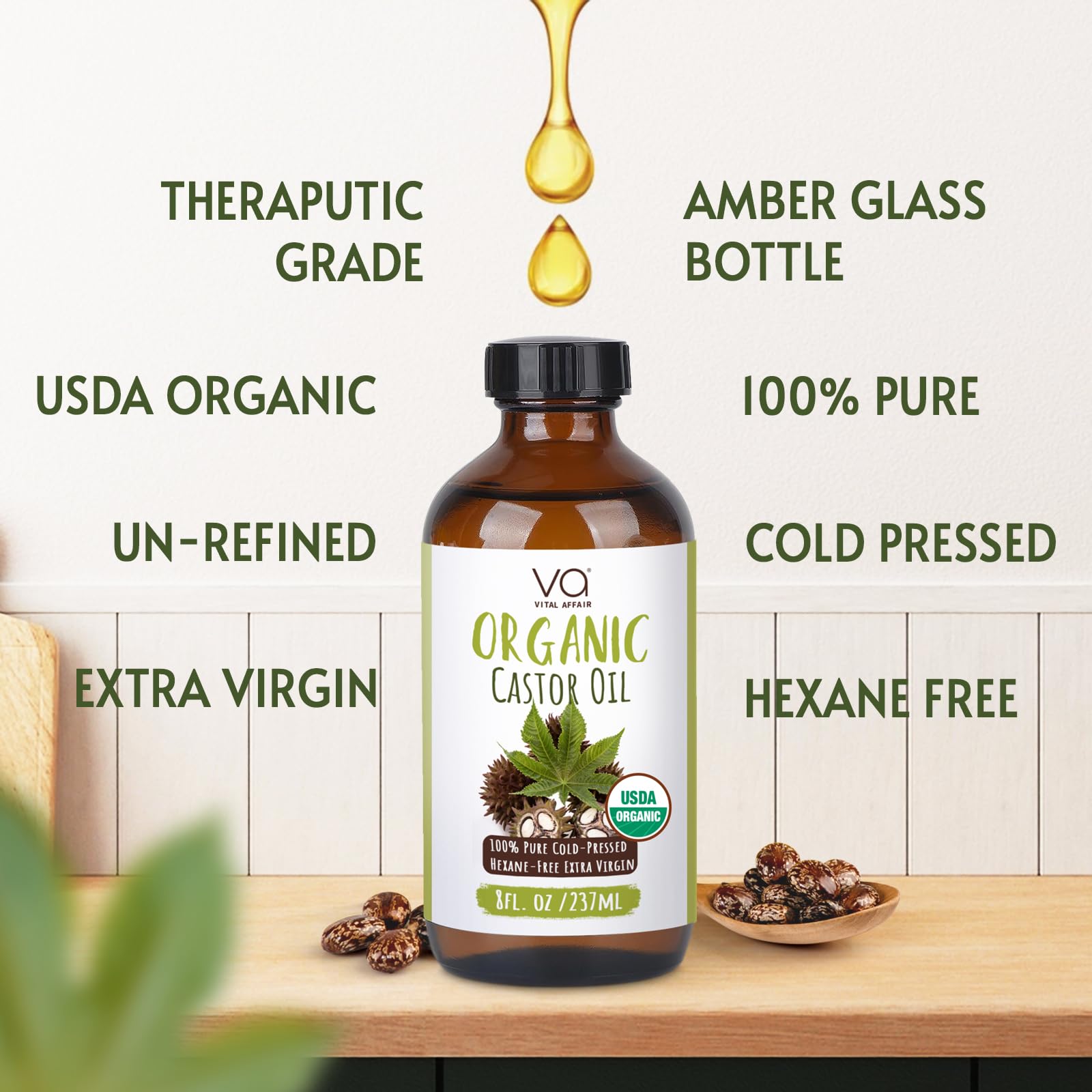 VITAL AFFAIR Castor Oil Organic Cold Pressed Unrefined Glass Bottle- USDA Certified Organic Castor Oil VITAL AFFAIR