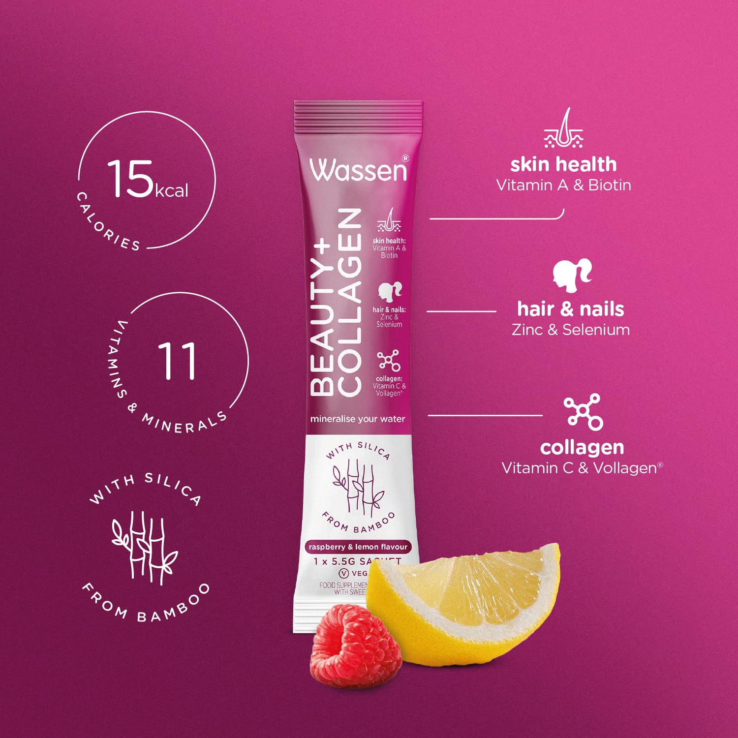 Wassen Beauty and Collagen - Plant-Based Vegan Collagen - 14 Raspberry & Lemon Flavoured Sachets Wassen