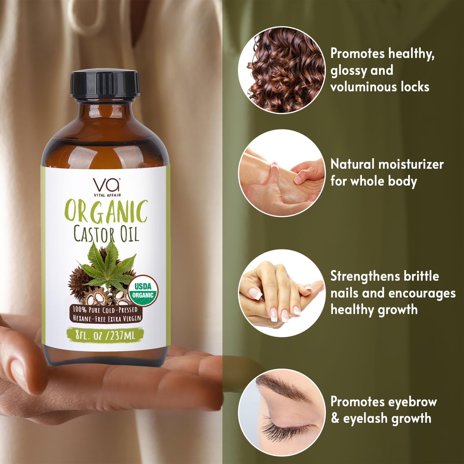 VITAL AFFAIR Castor Oil Organic Cold Pressed Unrefined Glass Bottle- USDA Certified Organic Castor Oil VITAL AFFAIR