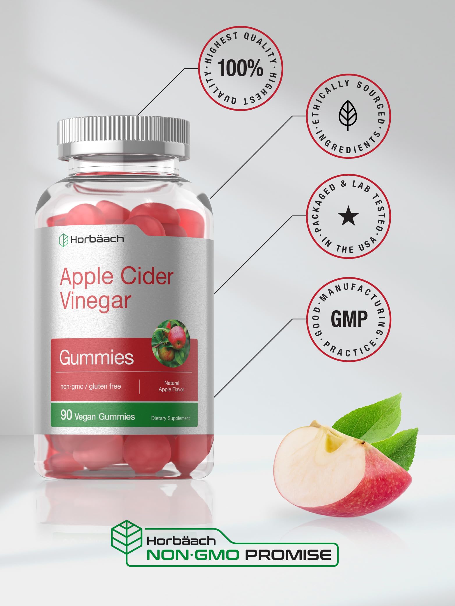 Vegan Apple Cider Vinegar Gummies | 90 Count | ACV Supplement | Natural Apple Flavor Horbäach