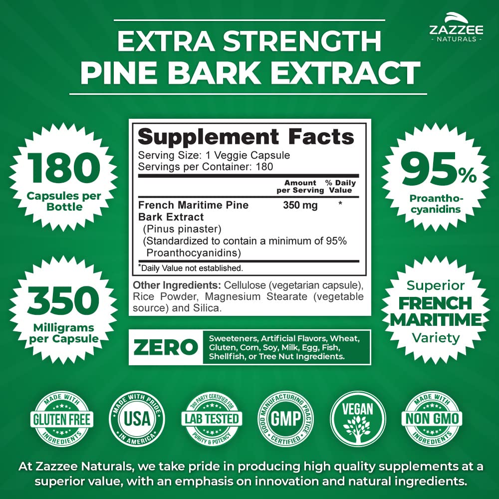 Zazzee Extra Strength French Maritime Pine Bark Extract, 350 mg Per Capsule Zazzee