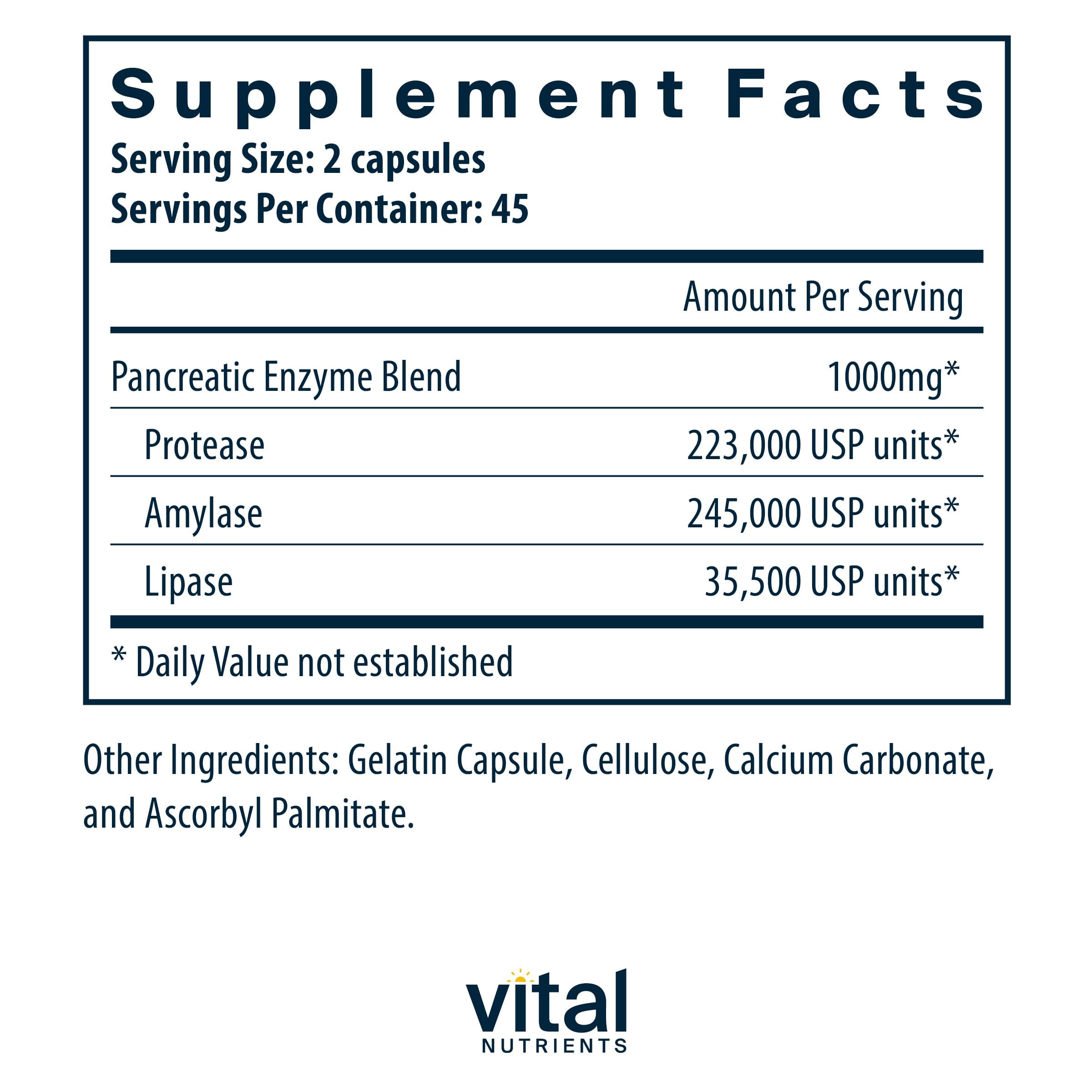 Vital Nutrients Pancreatic Enzymes 1000mg (Full Strength) | Pancreatin Digestion Supple Vital Nutrients