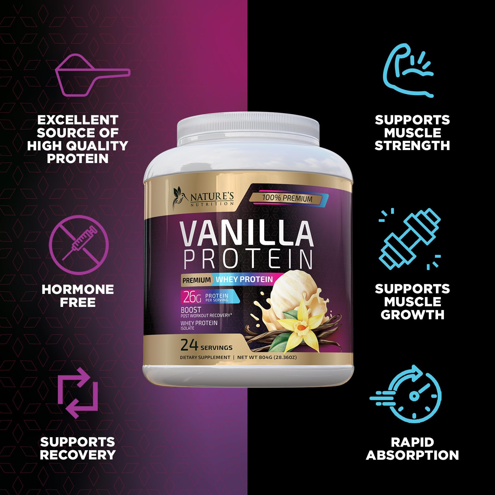 Whey Protein Powder 26g - Vanilla Ice Cream Whey Isolate Protein for Muscle Growth Nature's Nutrition