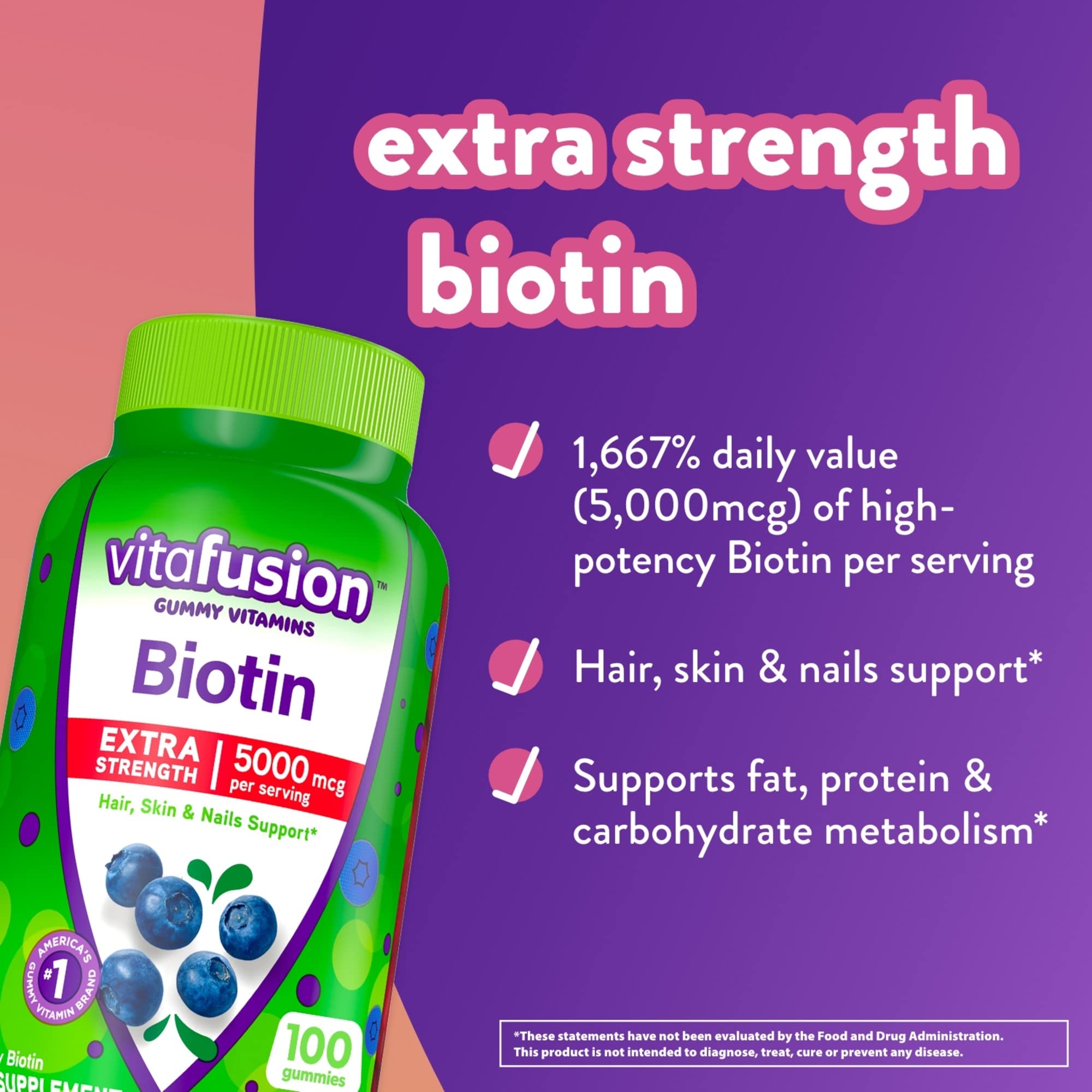 vitafusion Extra Strength Biotin Gummy Vitamins, Berry Flavored, 5,000 mcg Biotin Vitamins Vitafusion