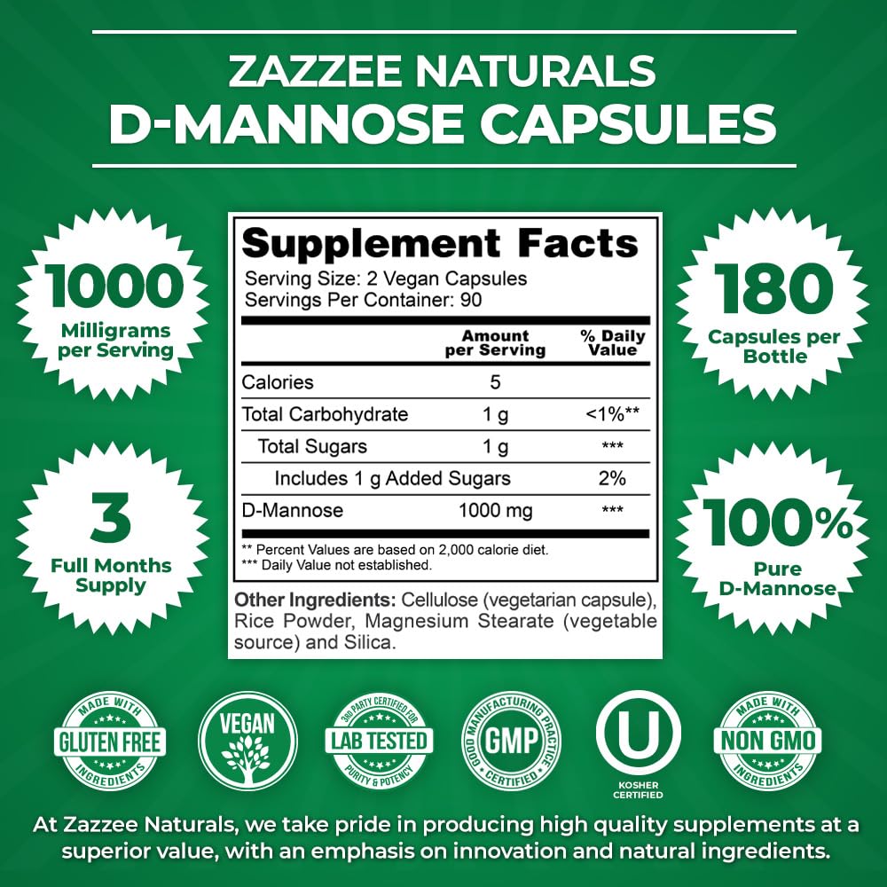 Zazzee D-Mannose, 1000 mg per Serving, 180 Vegan Capsules, 3 Month Supply, Potent Zazzee