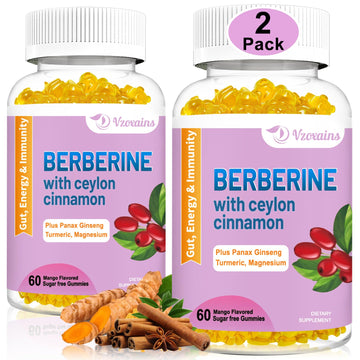 2 Pack Berberine with Ceylon Cinnamon Gummies, 2000mg High Potency Berberine HCI 