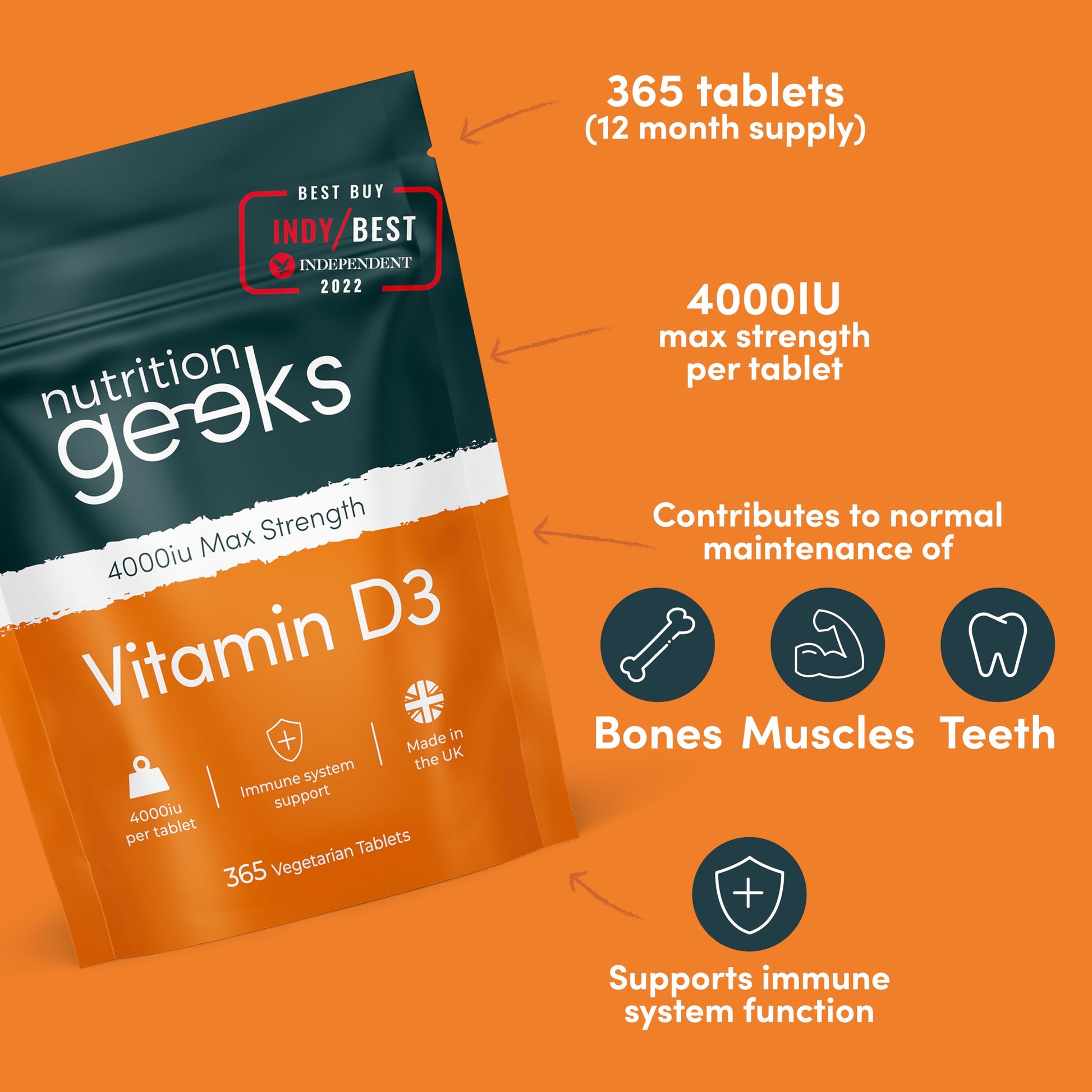 Vegetarian Vitamin D3 4000 iu - 1 Year Supply, 365 Easy-Swallow High Strength Vitamin Nutrition Geeks