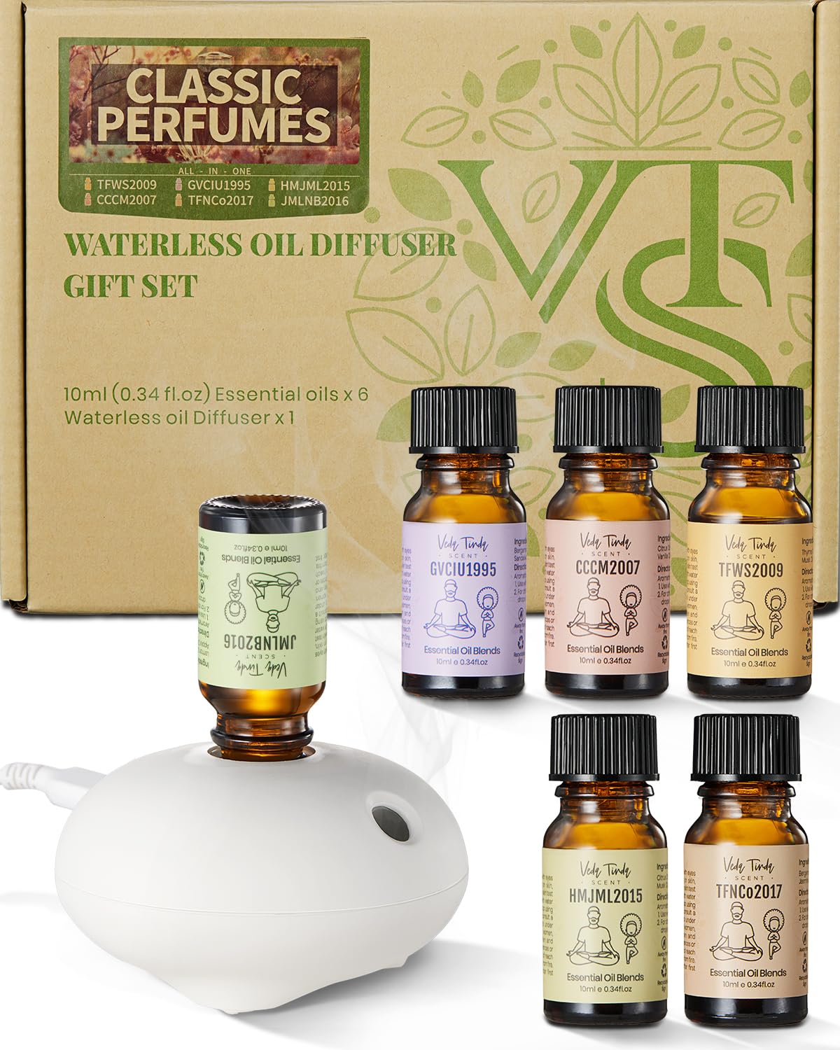 VTS Waterless Diffuser with Classic Perfume Scent Essential Oils Set, Perfume Collection