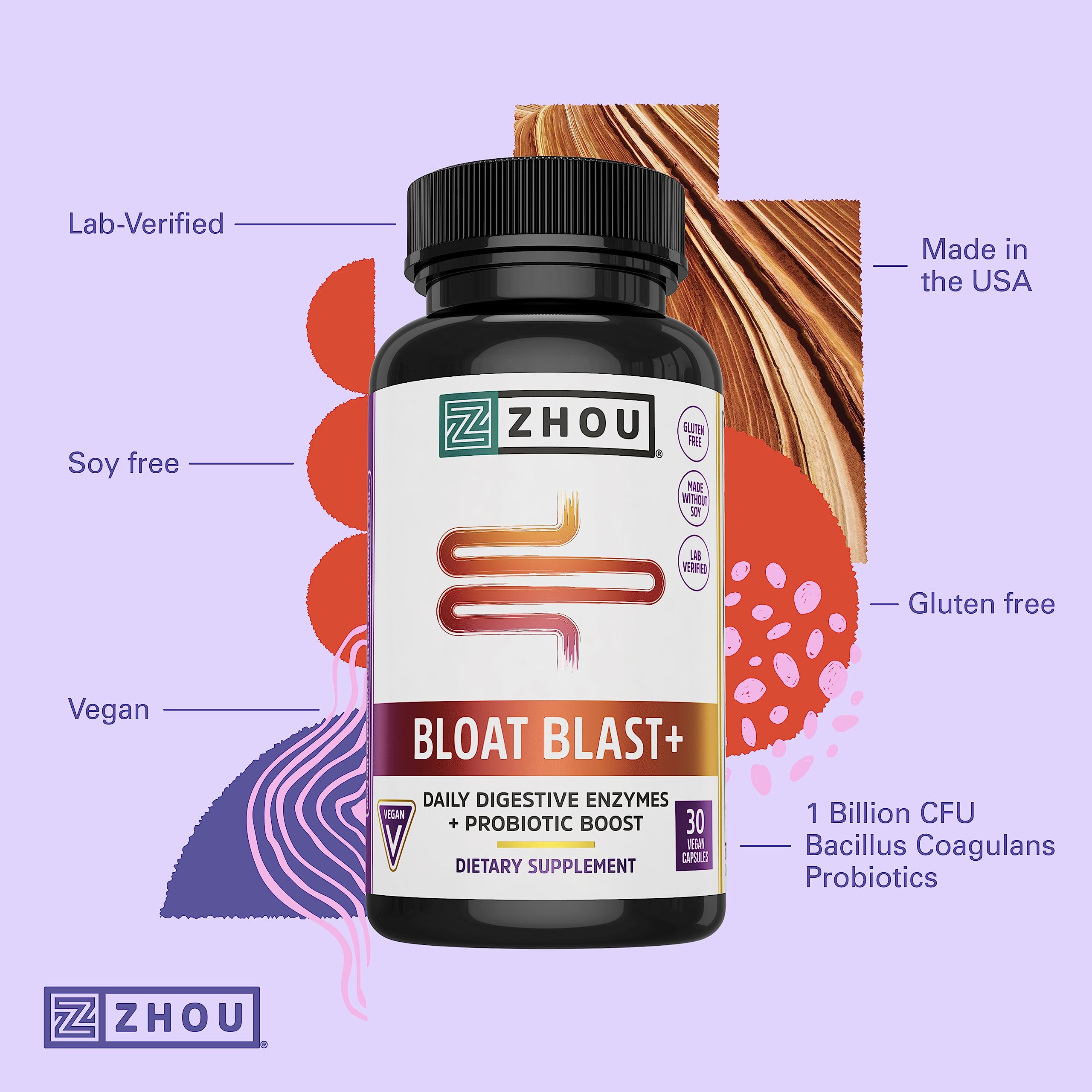Zhou Nutrition Bloat Blast+ Digestive Enzymes with Probiotics, Bloating Relief for Women Zhou Nutrition