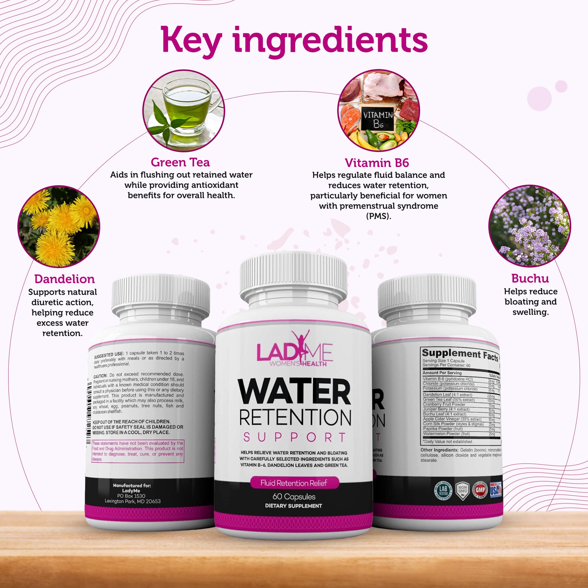 Water Retention Pills for Women Bloating Relief with Vitamin B6, Dandelion & Green Tea Natural LADYME WOMEN'S HEALTH