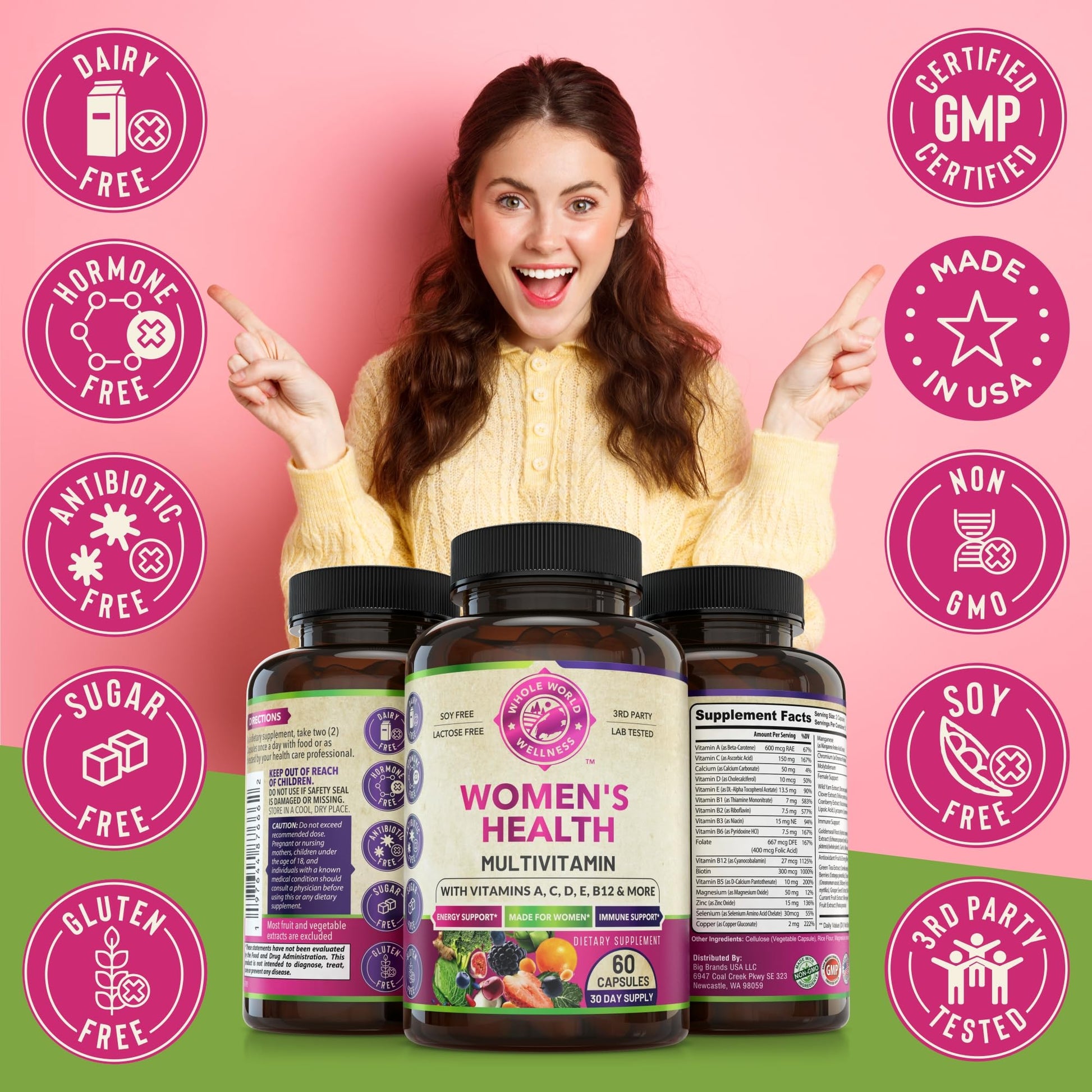 Womens Daily Multivitamins & Multimineral Supplement for Energy, Mood, Focus, Hair WHOLE WORLD WELLNESS